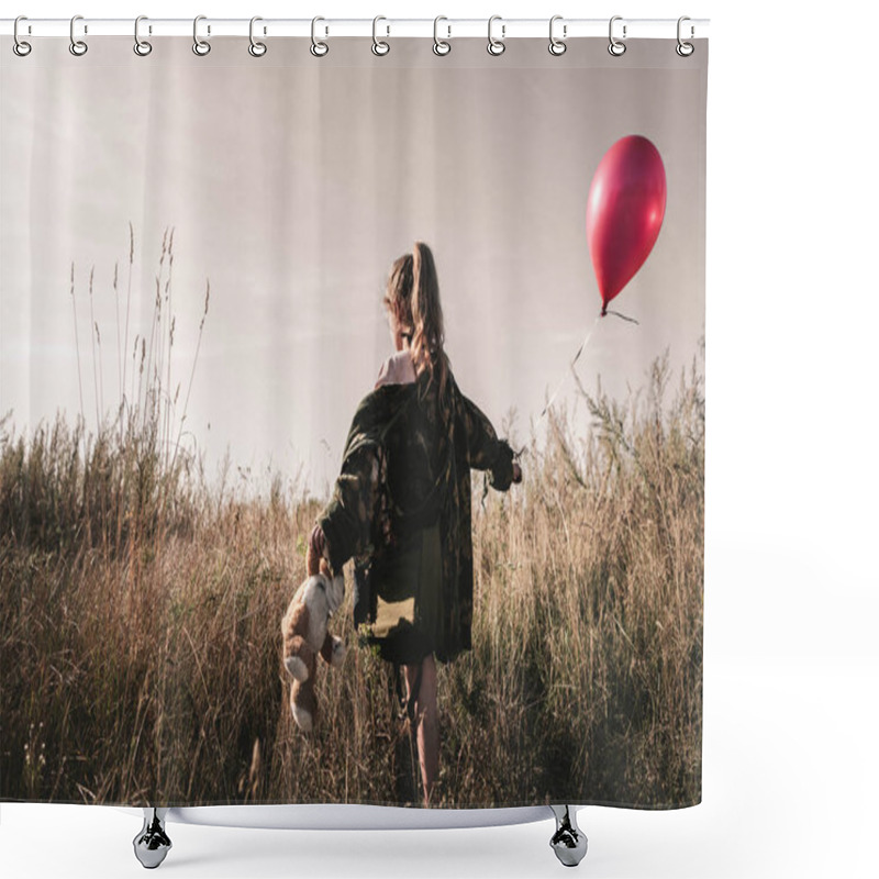 Personality  Back View Of Kid With Teddy Bear Holding Balloon In Field, Post Apocalyptic Concept Shower Curtains