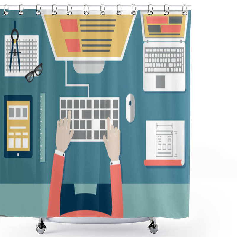 Personality  Vector Flat Illustration Of Process Programming And Coding. Web Development And Equipment  Shower Curtains