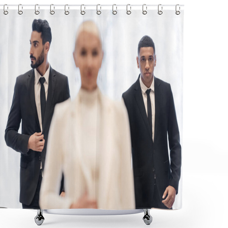 Personality  Interracial Bodyguards In Formal Wear Escorting Blurred Businesswoman During Business Trip Shower Curtains