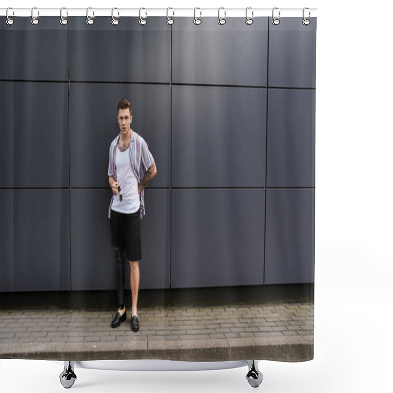 Personality  Young Man With A Prosthetic Leg Leans Against A Modern Wall, Exuding Style And Confidence. Shower Curtains