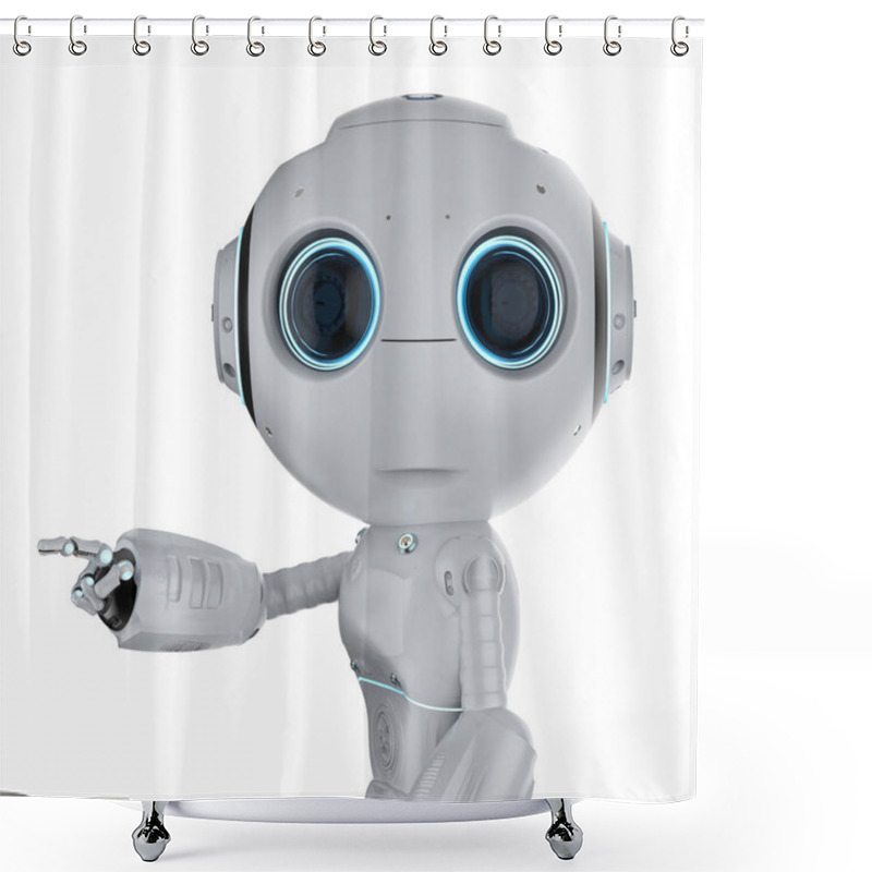 Personality  3d Rendering Cute Mini Robot Finger Point Isolated On White Shower Curtains