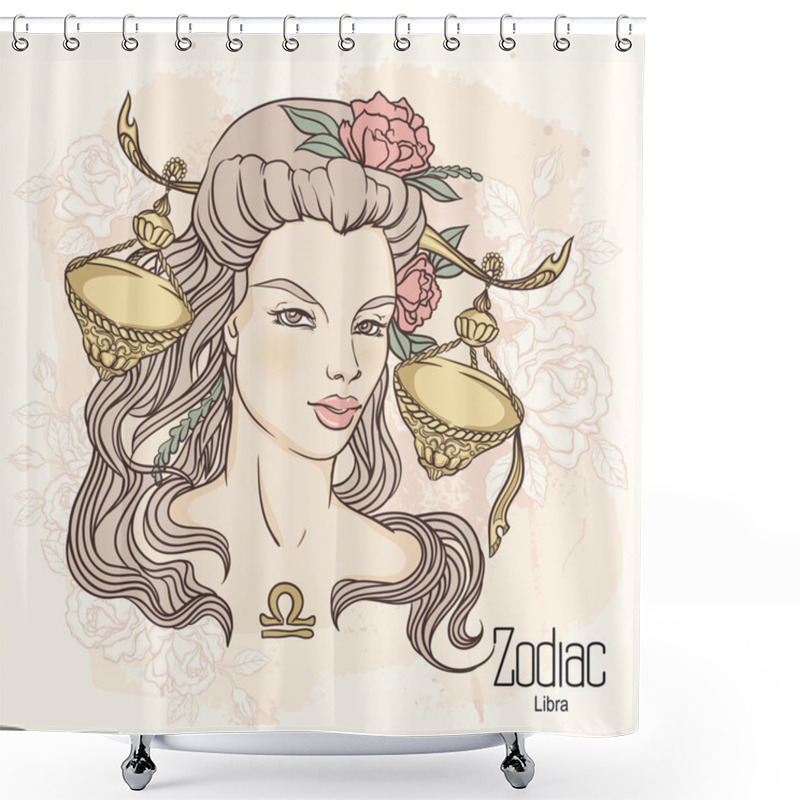 Personality  Zodiac. Vector Illustration Of Libra As Girl With Flowers. Desig Shower Curtains