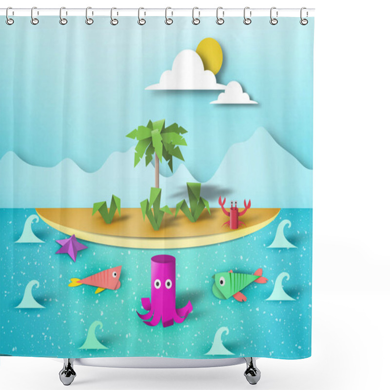 Personality  Paper Origami Summer Scene, Childish Creative 3D Elements, Artistic Summer Composition, Made Template With Style Symbols For Banner, Card, Poster, Cut Island World, Eps10 Vector Illustration - Vector Shower Curtains