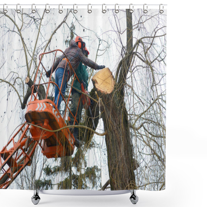 Personality  Arborists Cut Branches Of A Tree With Chainsaw Using Truck-mounted Lift. Kiev, Ukraine. Shower Curtains