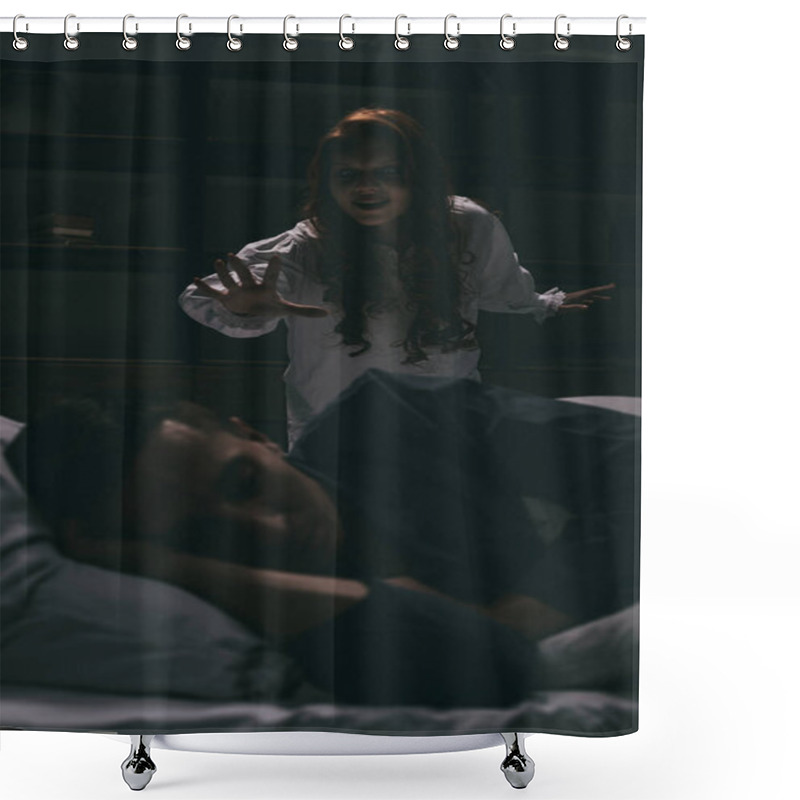 Personality  Demoniacal Smiling Woman Standing Over Sleeping Man In Bedroom  Shower Curtains