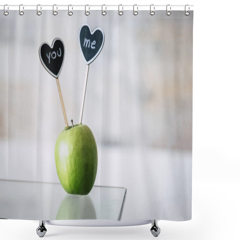 Personality  Green Apple And Two Black Hearts With Lettering You And Me  Shower Curtains