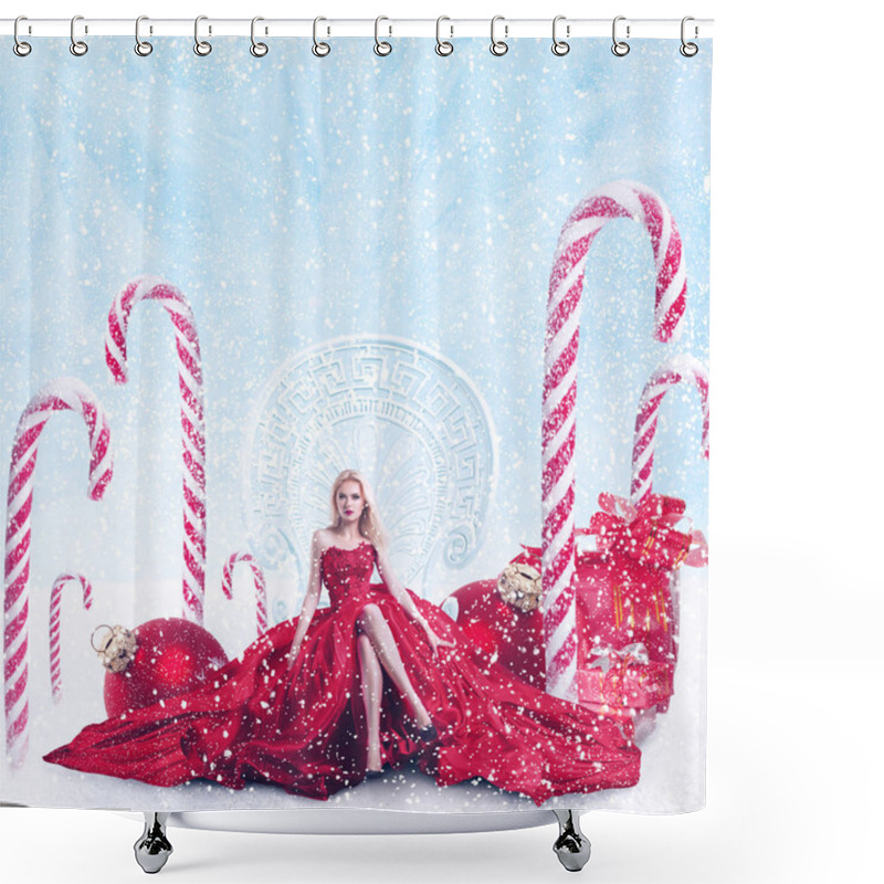 Personality  Concept Fantasy Winter Portrait Of Young Fashion Woman With Gift Boxes And Christmas Decorations Shower Curtains