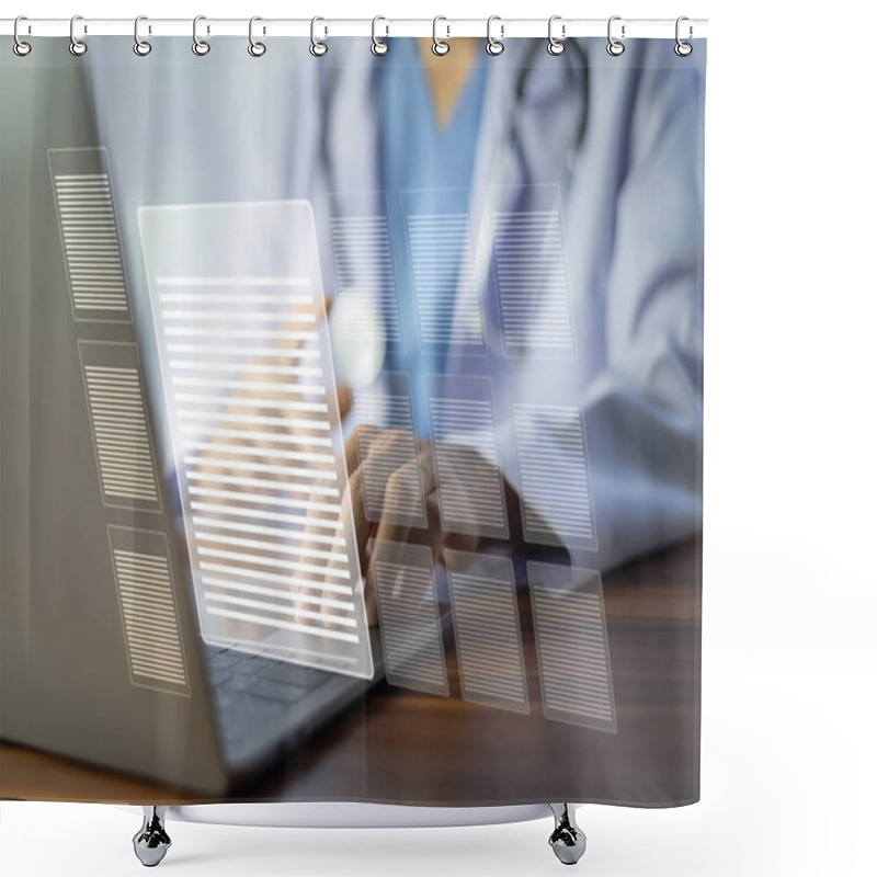 Personality  Doctor Is Working On A Laptop, With Digital Data Futuristic Interfaces Symbolizing Technology And AI In Modern Healthcare For Managing Patient Information And Improving Medical Efficiency. Shower Curtains