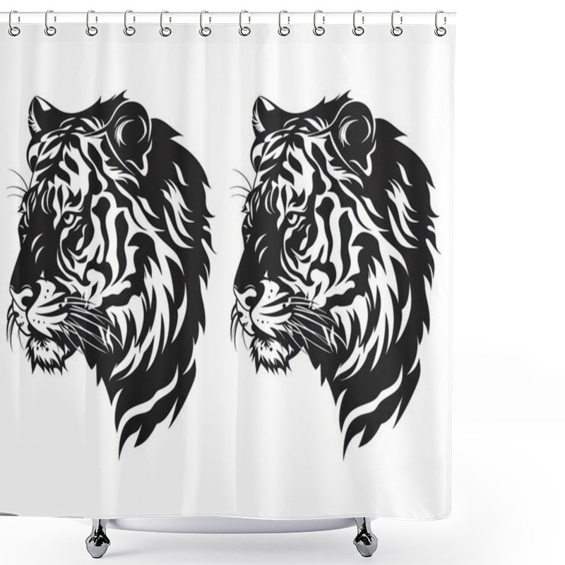 Personality  Two Stylized Black And White Tiger Heads Portrait, Showcasing Intricate Details And Fierce Expressions. Shower Curtains