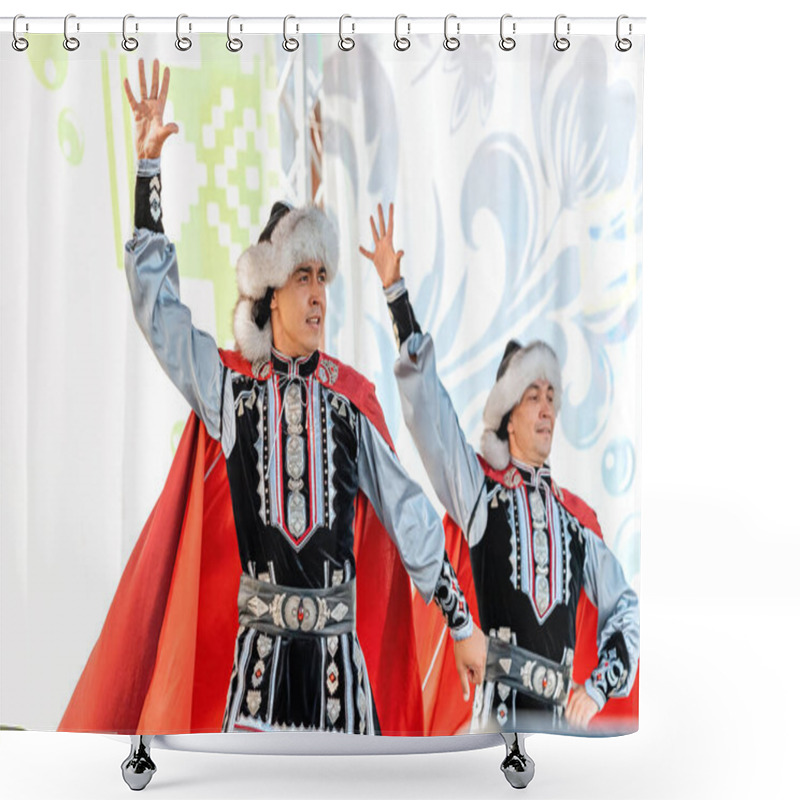 Personality  06 July 2021, Ufa, Bashkortostan, Russia: Men In National Bashkir Clothes Perform Traditional Dances Of Warriors And Horsemen Shower Curtains