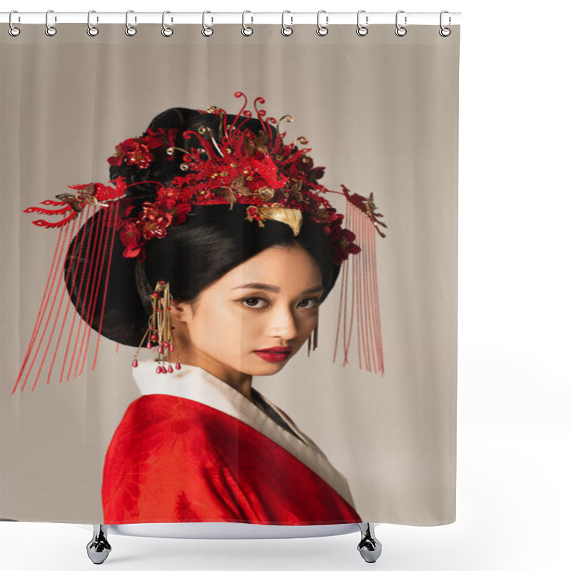 Personality  Asian Woman In National Costume Isolated On Grey  Shower Curtains