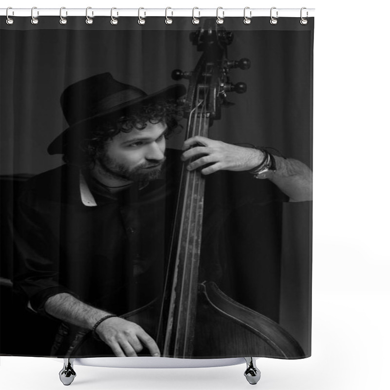 Personality  Black And White Shot Of Handsome Musician Playing Standup Bass Shower Curtains