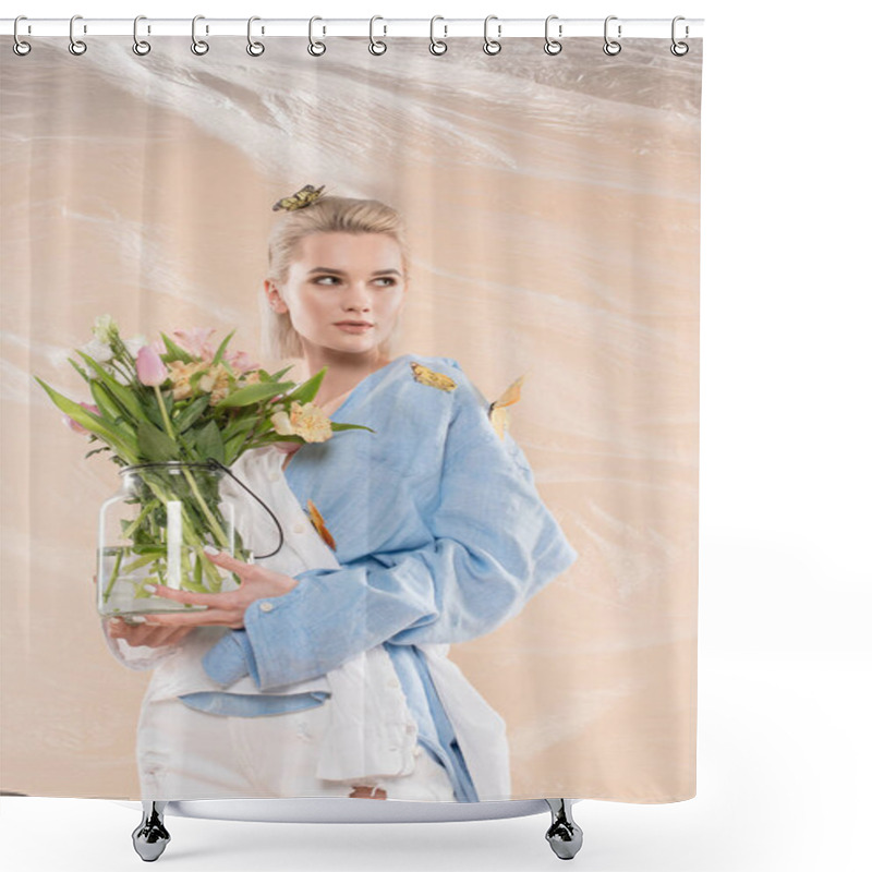 Personality  Beautiful Girl Standing With Butterflies On Eco Clothing And Holding Glass Vase With Flowers On Beige Background, Environmental Saving Concept  Shower Curtains