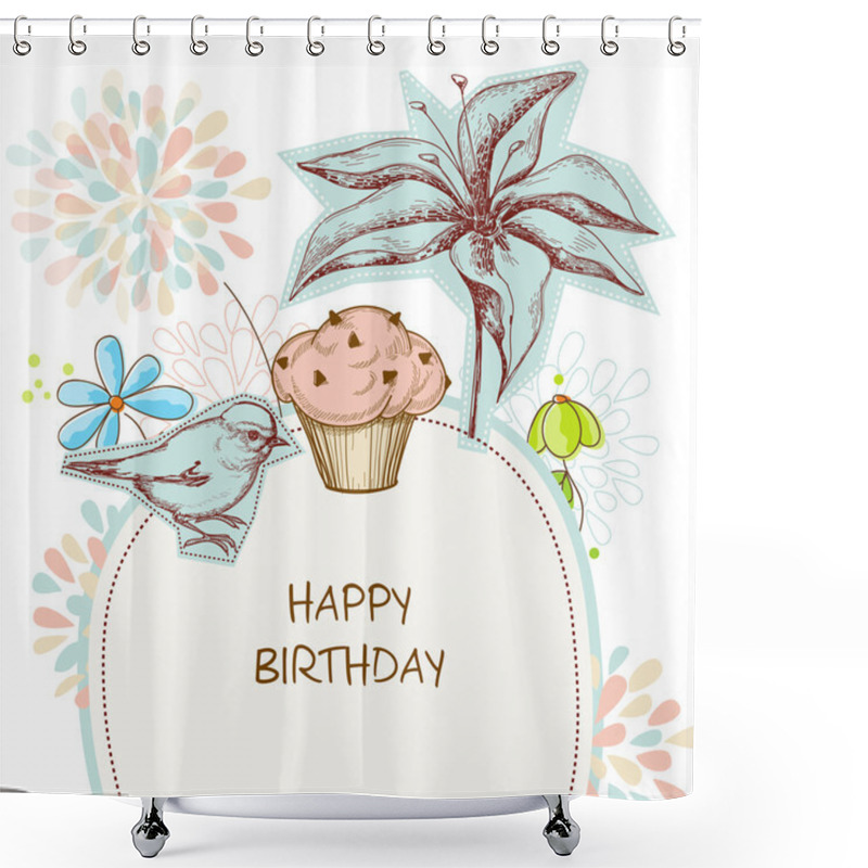 Personality  Happy Birthday Card, Cupcake, Bird And Flowers Shower Curtains