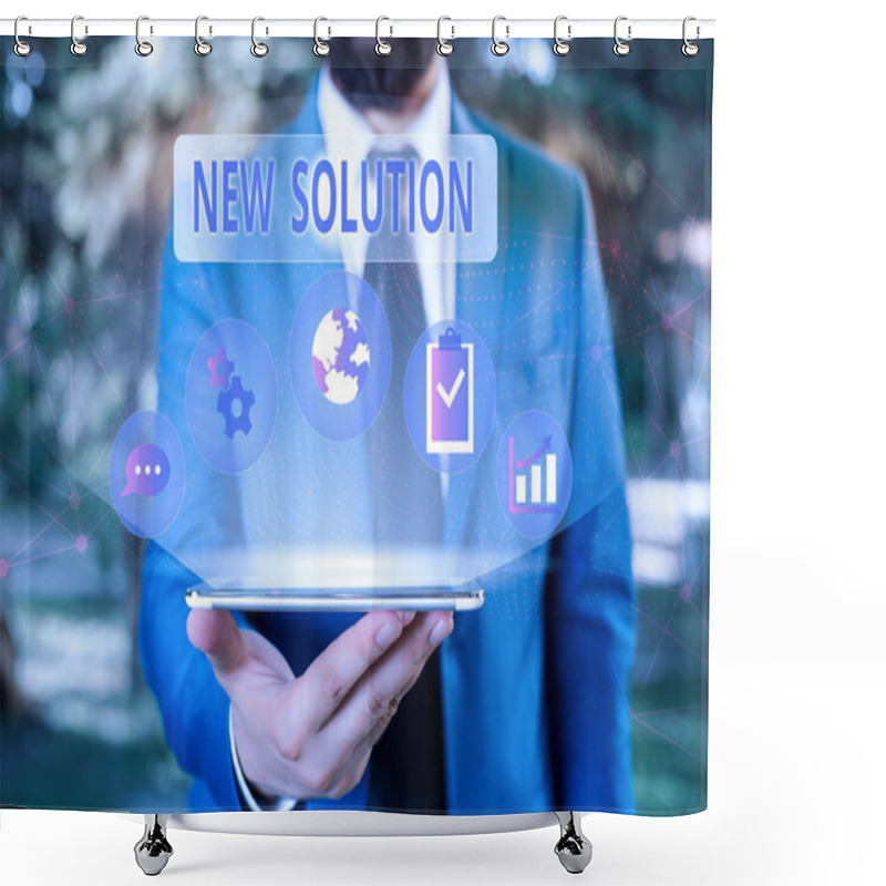 Personality  Handwriting Text New Solution. Concept Meaning Modern Innovation Latest Effective Approach To A Problem Male Human Wear Formal Work Suit Presenting Presentation Using Smart Device. Shower Curtains