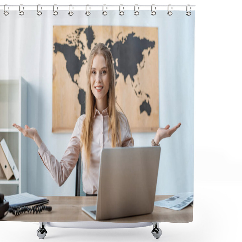 Personality  Smiling Travel Agent Showing Welcome Gesture While Sitting Near Laptop Shower Curtains