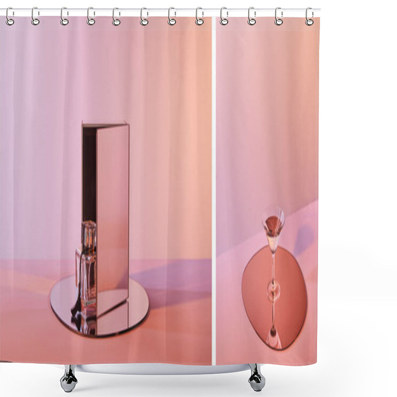 Personality  Collage Of Perfume Bottle On Round Mirror With Cube And Cocktail Glass On Circle On Pink Background Shower Curtains