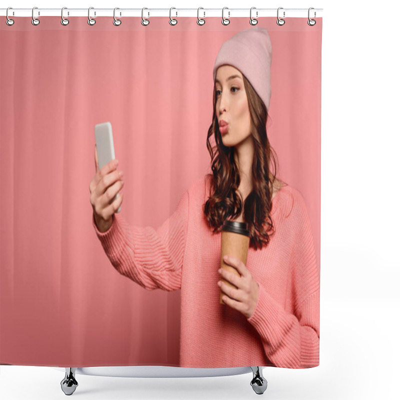 Personality  Attractive Girl With Duck Face Expression Taking Selfie While Holding Cofee To Go On Pink Background Shower Curtains