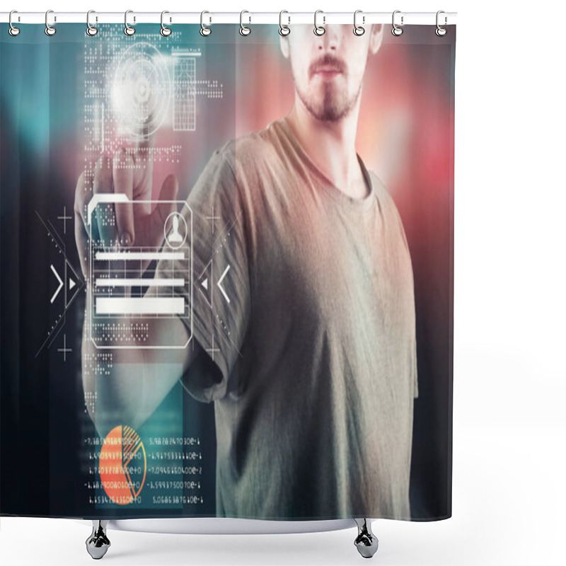 Personality  Man Working On A Futuristic Media Interface. Shower Curtains