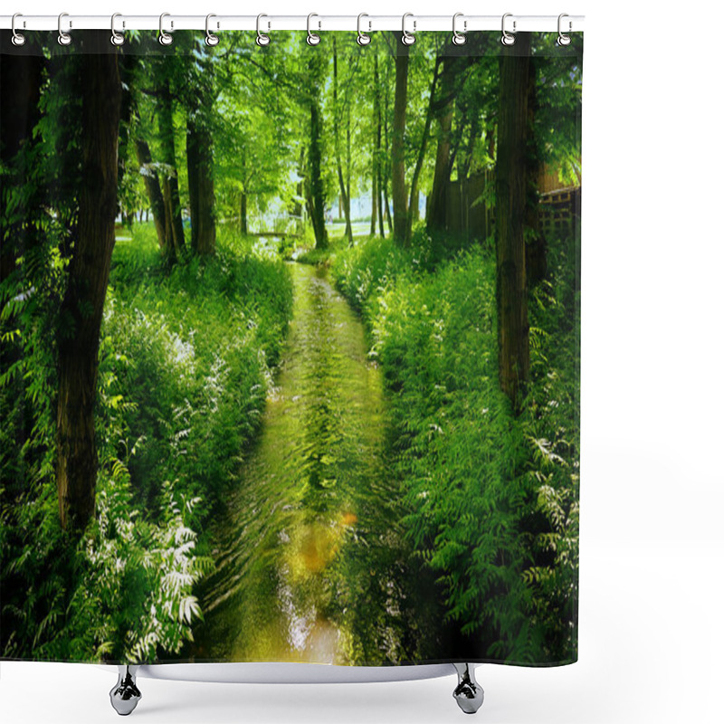 Personality  Munich, Germany - Canal, Flowing Waters In An Urban Park With Sun Light Among Trees  Shower Curtains