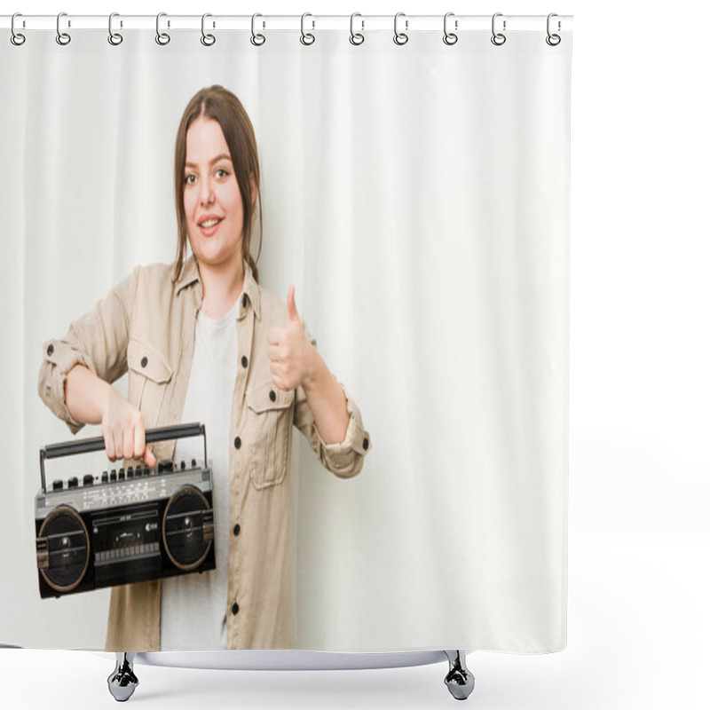 Personality  Young Curvy Woman Holding A Retro Radio Smiling And Raising Thumb Up Shower Curtains