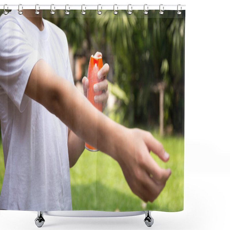 Personality  Young Boy Spraying Insect Repellents On Skin With Spray Bottle Shower Curtains