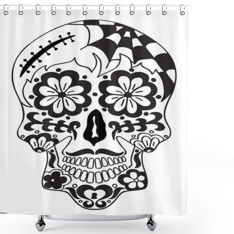 Personality  Mexican Sugar Skull  With Floral Design And Cross. Design Element For Poster, Card, Print, Emblem, Sign, Tattoo, T-shirt.  Black And White Vector Illustration For Day Of The Dead Celebration Festival Shower Curtains