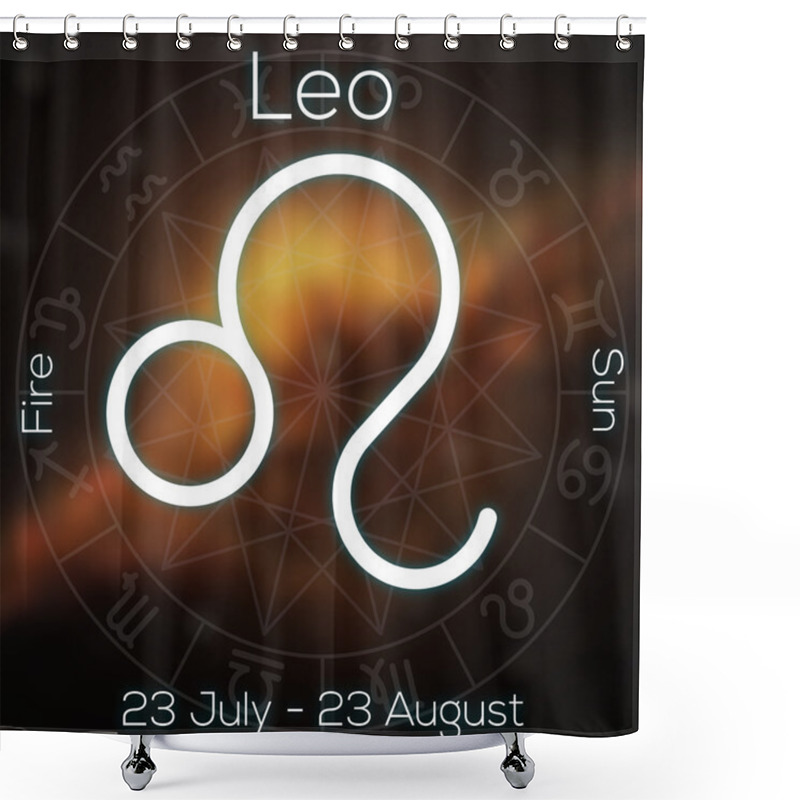 Personality  Zodiac Sign - Leo. White Line Astrological Symbol With Caption, Dates, Planet And Element On Blurry Abstract Background With Astrology Chart. Shower Curtains