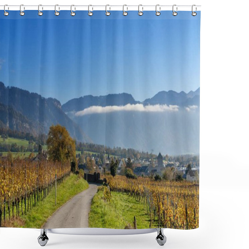 Personality  A Country Road Leading Through Golden Autumn Vineyards To The Swiss Village Of Maienfeld Shower Curtains