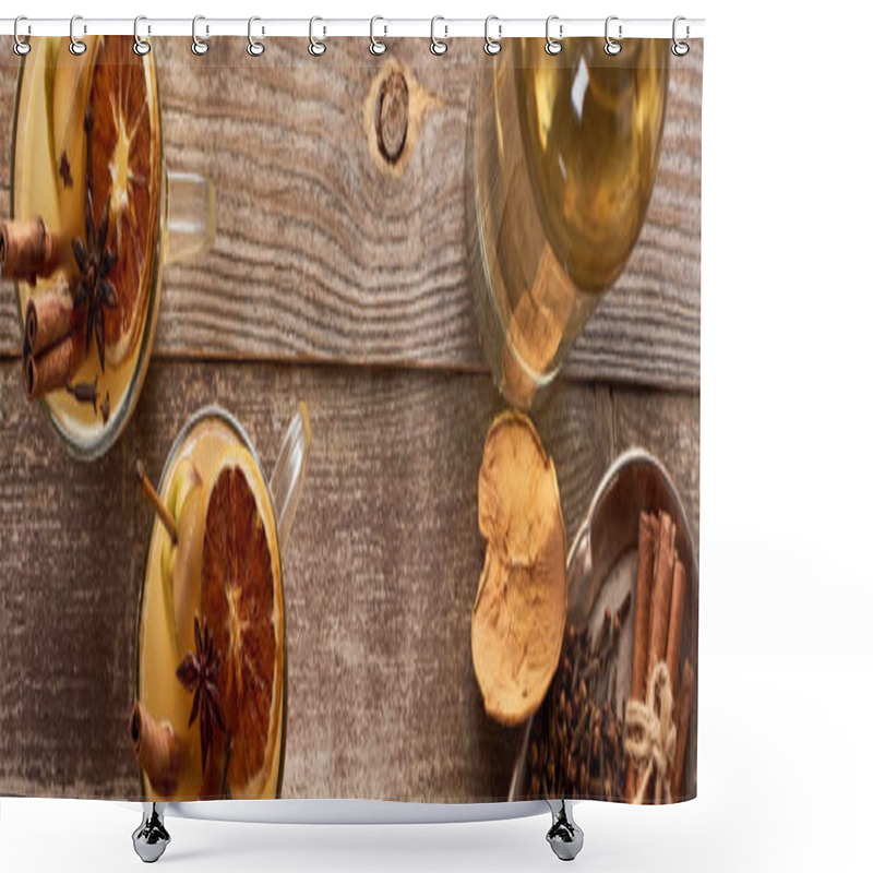 Personality  Top View Of Warm Pear Mulled Wine With Spices And Dried Citrus On Wooden Rustic Table, Panoramic Shot Shower Curtains