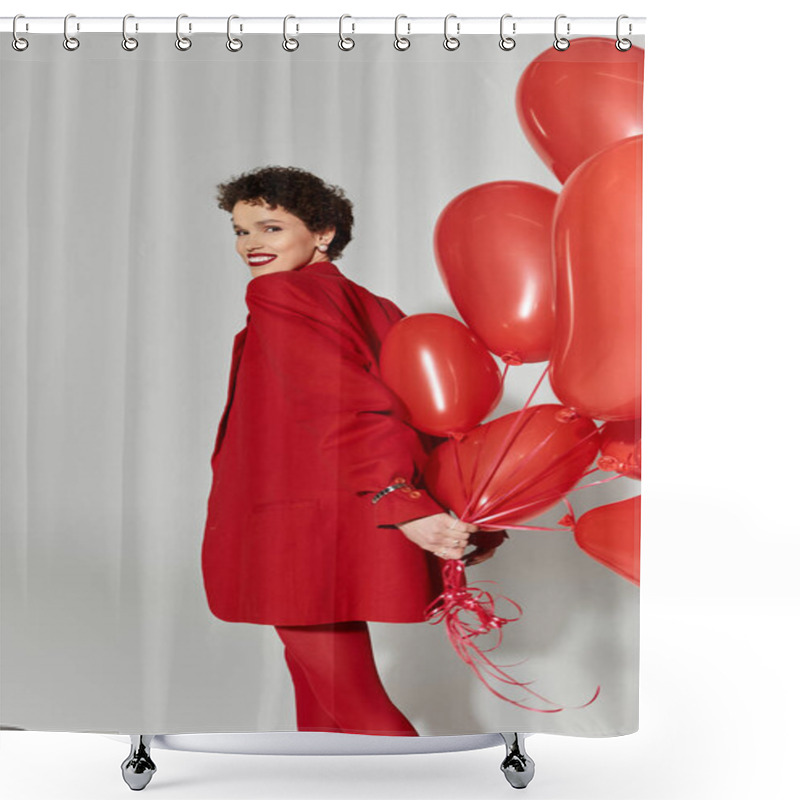 Personality  A Young Woman In A Striking Red Outfit Holds A Cluster Of Red Balloons, Exuding Happiness. Shower Curtains