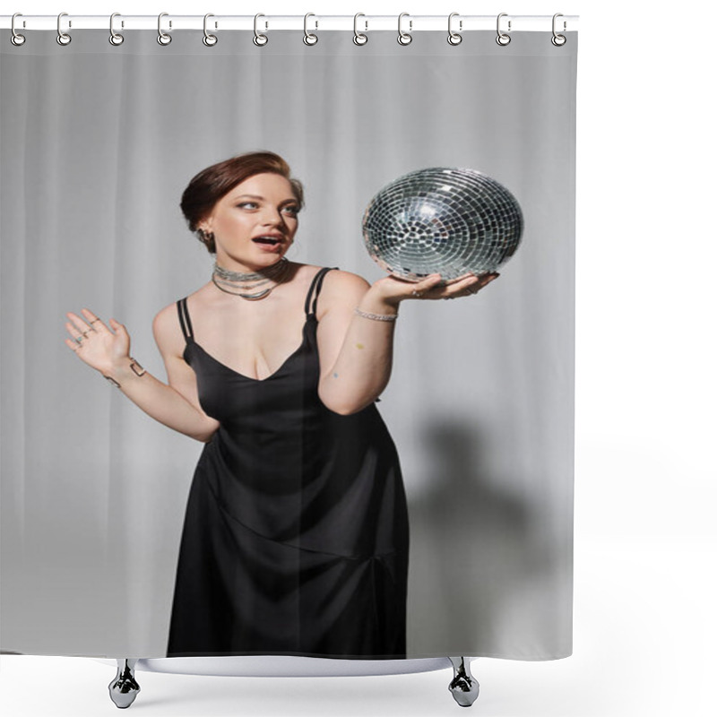 Personality  A Young Woman Dressed In Elegant Attire Expertly Holds And Poses With A Shimmering Disco Ball. Shower Curtains