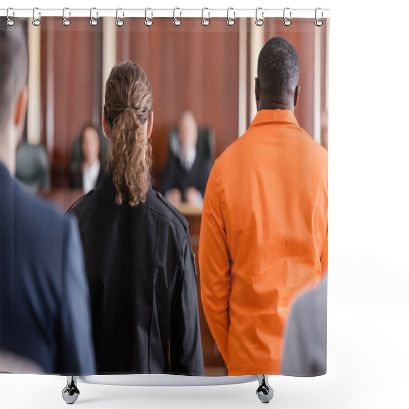 Personality  Back View Of Accused African American Man Near Guard And Blurred Jurors In Courtroom Shower Curtains