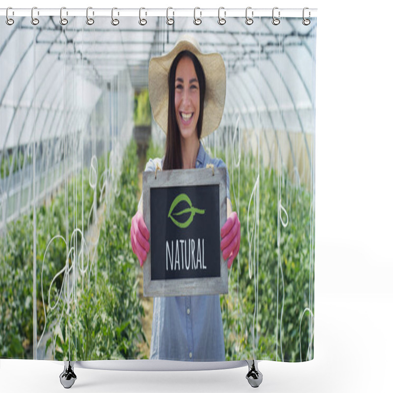 Personality  A Beautiful Girl In A Straw Hat And Wearing Pink Rubber Gloves, Holds A Black Board, In A Greenhouse. Concept: Bio Products, Natural Products, Fresh, Delicious, Fruits, Vegetables, Grow, Water, Plants Shower Curtains