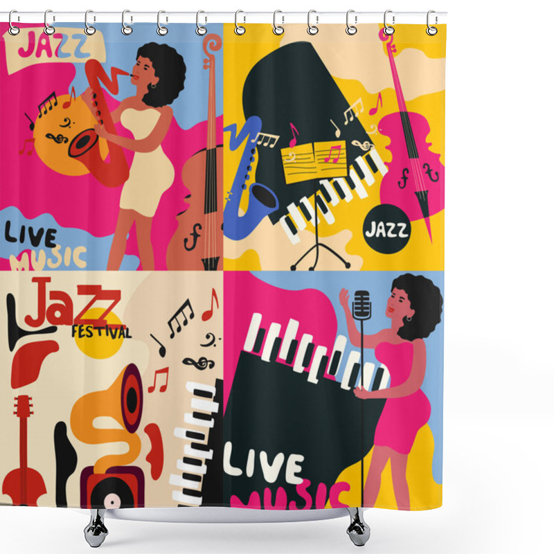 Personality  Set Of Four Templates For Posters Of Jazz And Blues Music Festival. Flat Vector Illustration With Different Musical Instruments. Shower Curtains