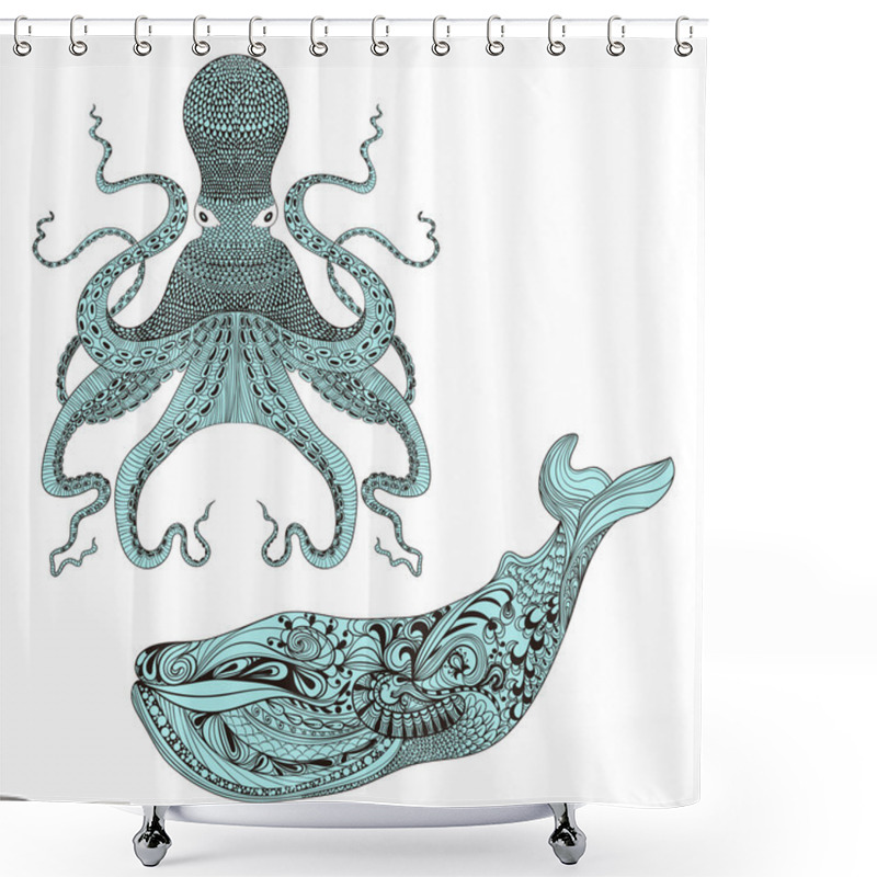 Personality  Zentangle Stylized Octopus And Whale Shower Curtains