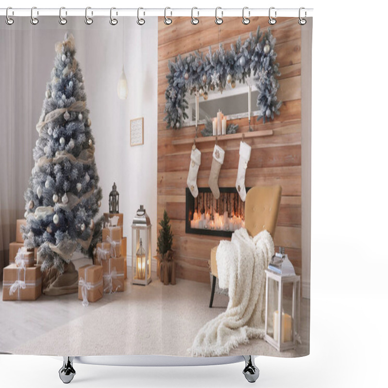 Personality  Festive Interior With Decorated Christmas Tree And Fireplace Shower Curtains