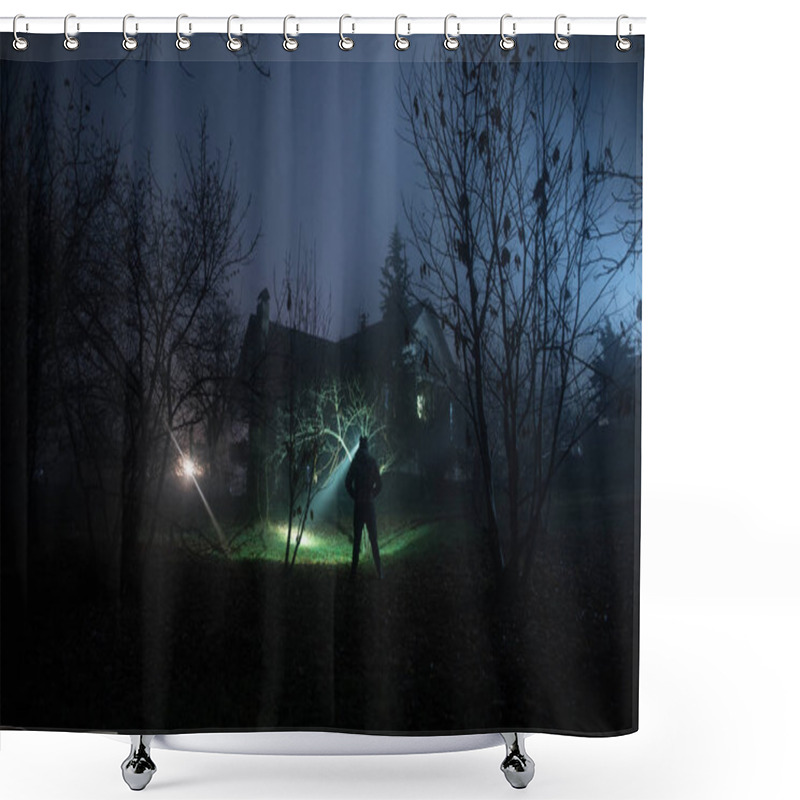 Personality  Old House With A Ghost In The Forest At Night Or Abandoned Haunted Horror House In Fog. Old Mystic Building In Dead Tree Forest. Trees At Night With Moon. Surreal Lights. Horror Halloween Concept Shower Curtains