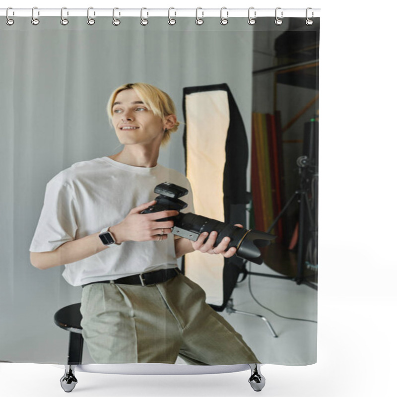 Personality  Talented Man Photographing In A Studio. Shower Curtains