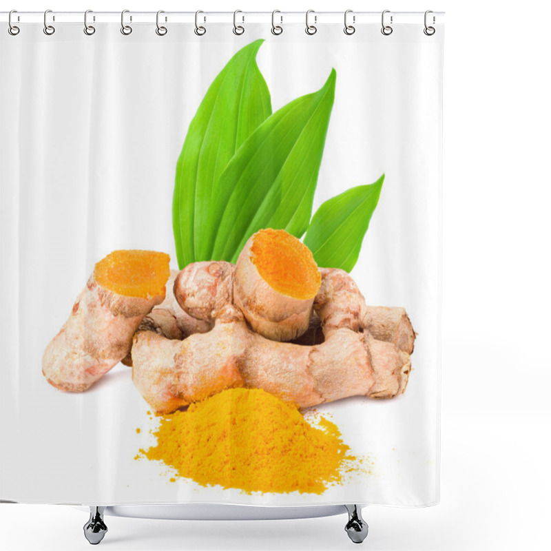 Personality  Turmeric Powder With Turmeric Root Isolated On White Background Shower Curtains