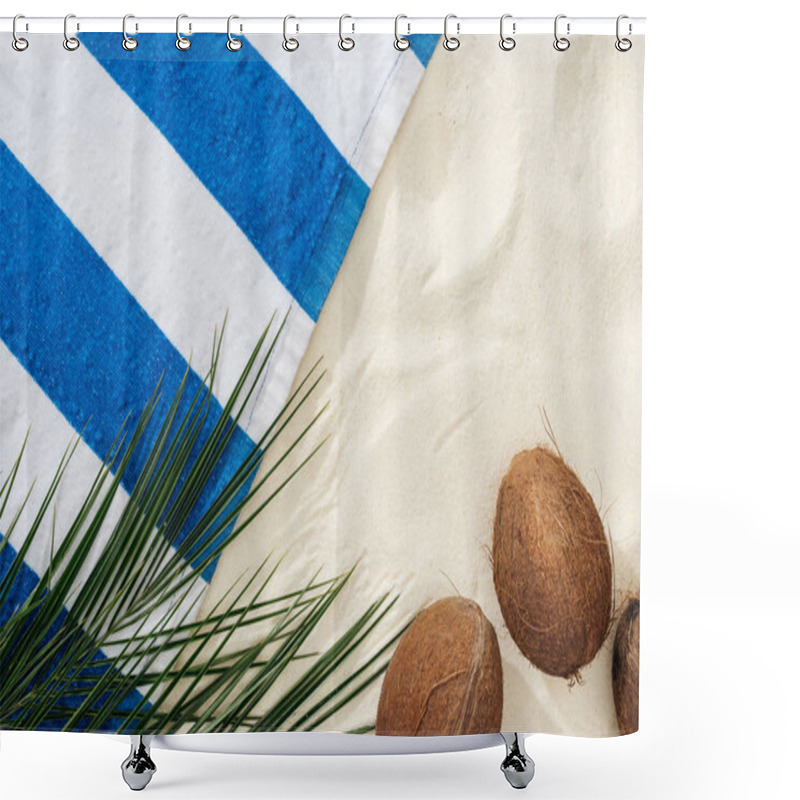 Personality  Green Palm Leaves, Coconuts And Striped Towel On Sand  Shower Curtains