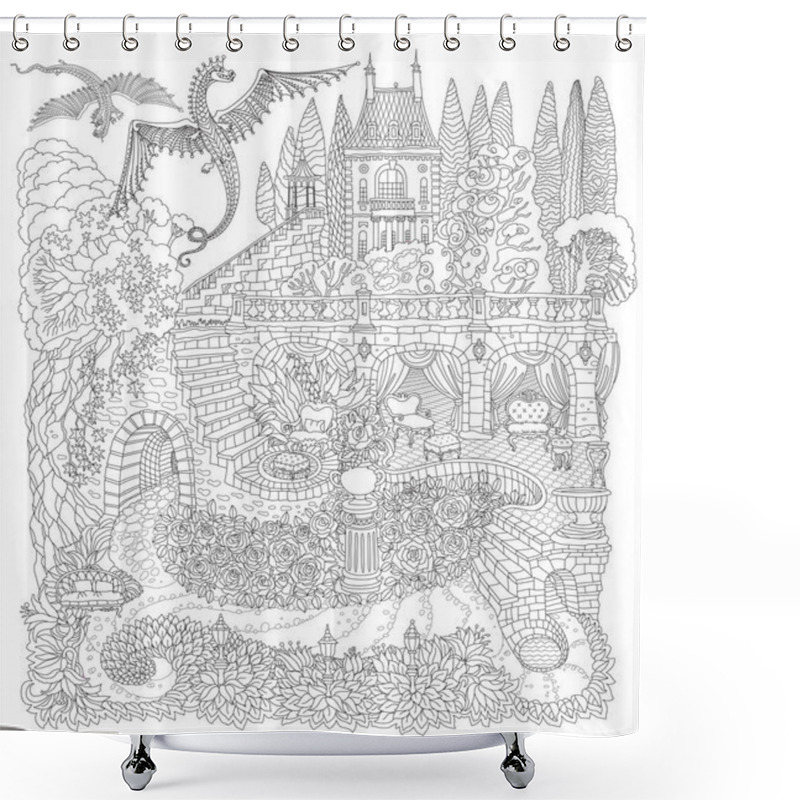 Personality  Fantasy Landscape With Flying Dragons. Fairy Tale Castle On A Hill, Stone Staircase, Grotto, Garden Roses, Lilies. Black And White T-shirt Print. Coloring Book Page For Adults.  Shower Curtains