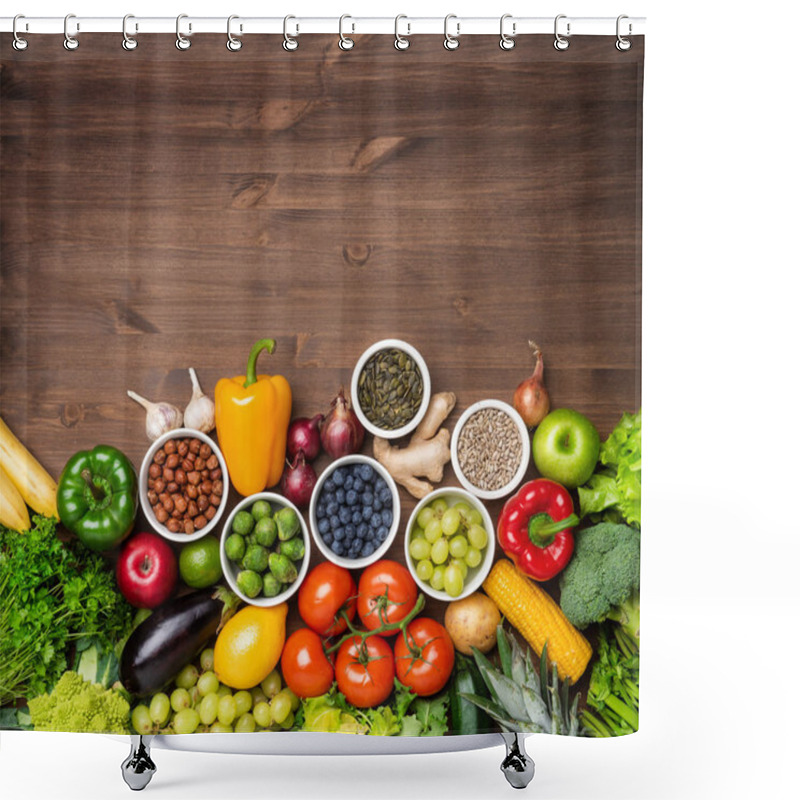 Personality  Dieting And Healthy Eating Concept: Fruits, Vegetables, Vegan Food, Nutrition Ingredients Over Natural Background. Shower Curtains