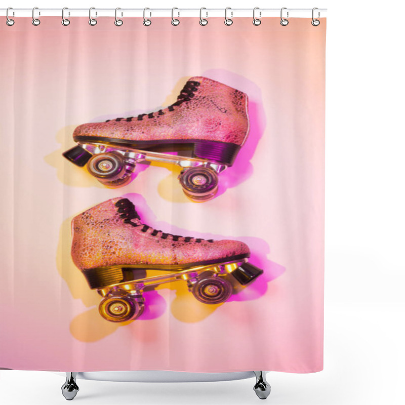 Personality  Retro Pink Glittery Roller Skate - Poster Layout Design Shower Curtains