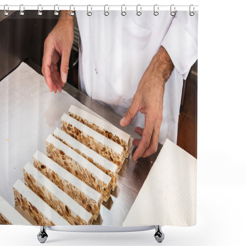 Personality  Professional Hands Preparing Freshly Cut Almond And Honey Nougat Bars  Shower Curtains