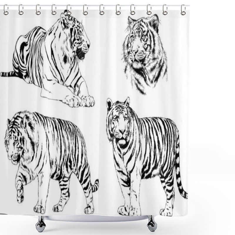 Personality  Set Of Vector Drawings On The Theme Of Predators Tigers Are Drawn By Hand With Ink Tattoo Logos Shower Curtains