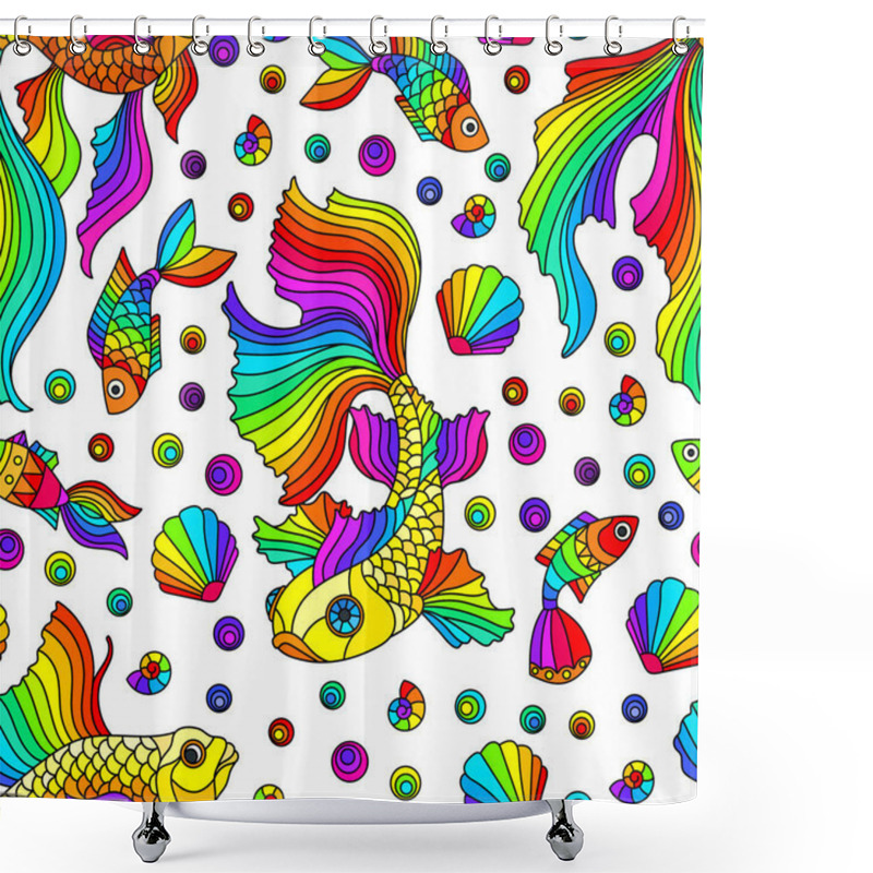 Personality  Seamless Pattern On A Marine Theme With Bright Rainbow Fish And Shells, Bright Fish On A White Background Shower Curtains