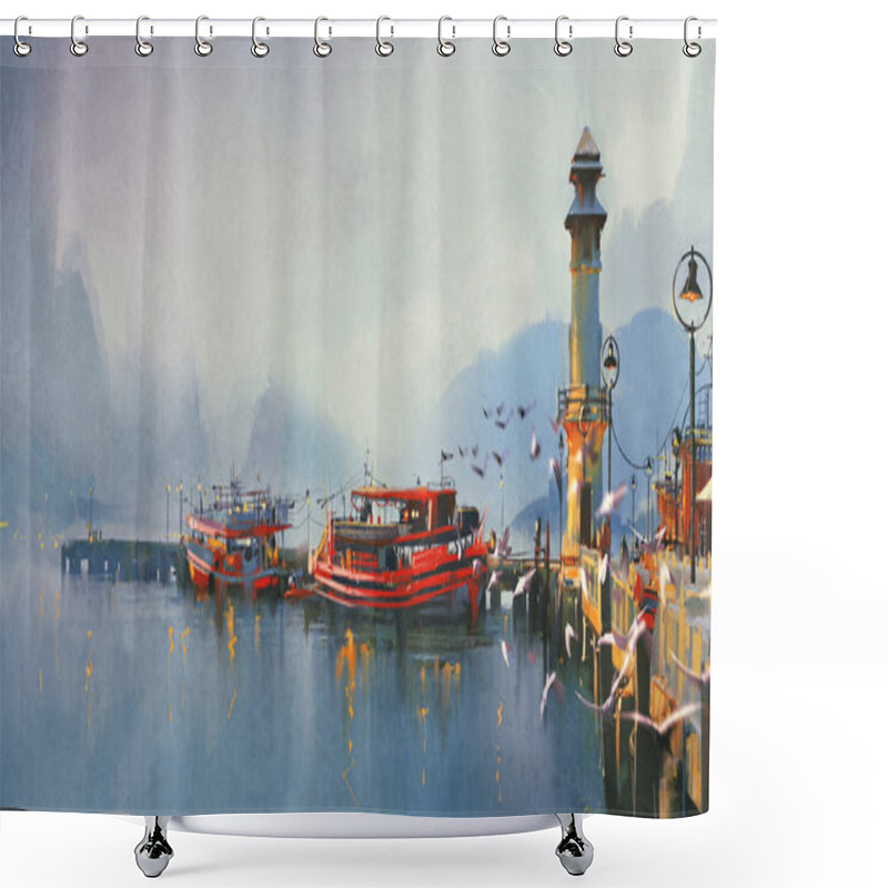 Personality  Fishing Boats In Harbor At Morning Shower Curtains