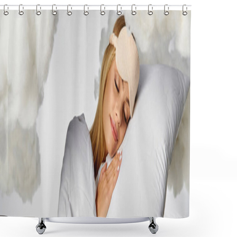 Personality  A blonde woman in cozy pajamas peacefully sleeping on a pillow among fluffy clouds. shower curtains