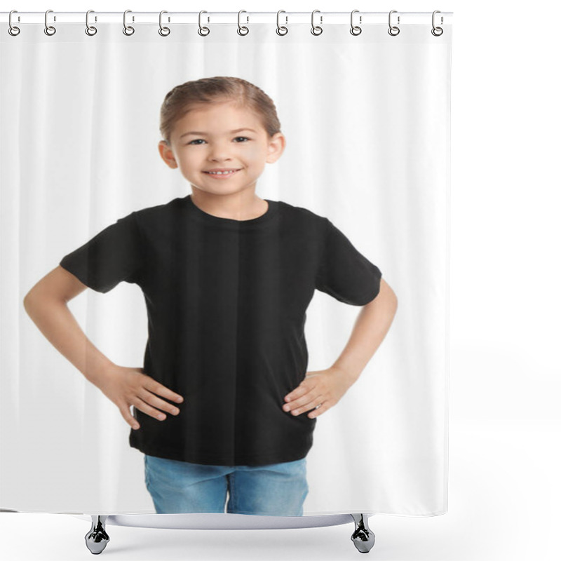 Personality  Little Girl In T-shirt On White Background. Mockup For Design Shower Curtains